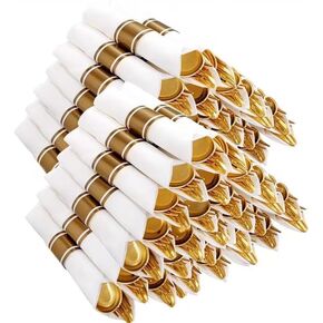 Nervure 400PCS Pre Rolled Gold Plastic Silverware Sets - Heavy Duty Gold Cutlery - Include 100 Pack Wrapped Disposable Utensils with Napkins for Parties, Dinners & Weddings