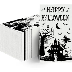Horaldaily 100 Halloween Disposable Paper Decorative Guest Napkins, Castle Tree Bats Tomb Scary Themed Hand Towel for Party Lunch Dinner Kitchen Bathroom in Saudi Arabia