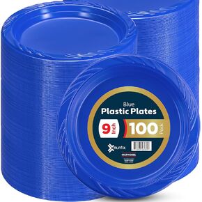 Munfix 100 Plastic Plates Set - 9 Inch Plastic Dinner Plates, Disposable Plates Bulk Pack, Party Plates for BBQ, Picnic, Parties, Travel and Events, Microwavable Recyclable (Blue)