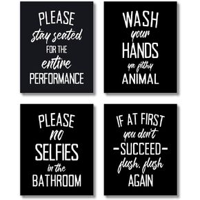 Brooke & Vine Funny Bathroom Decor Wall Art Prints (UNFRAMED 8 x 10 Set of 4) Black and White Restroom Powder Room Wash Farmhouse Wall Decor Signs Posters - Wash Your Hands White and Black
