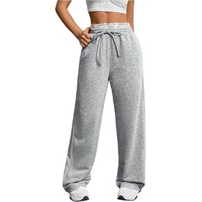 SHENHE Women's Straight Leg Lace Drawstring Waist Sweatpants Elastic Waist Casual Pants