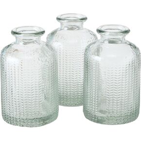 Herringbone Mini Bottle Vases, Boxed Set of 3, Rustic Clear Glass, Each 4 Inches Tall