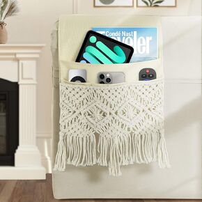 Joywell Boho كرسي الذراع العلبة Macrame الأريكة العلبة مسند الذراع منظم لديكور غرفة المعيشة 4 جيوب سلة Macrame حامل التحكم عن بعد للمجلة، الكمبيوتر اللوحي، الهاتف، iPad، أبيض in Kuwait
