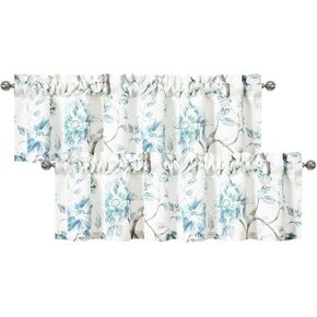 Leeva Blue Valances for Windows, Linen Look Kitchen Window Curtains Over Sink, Flower Patterned Short Curtains for Windows, Rod Pocket Valance Curtains for Living Room, 52 x 12, 2 Panels