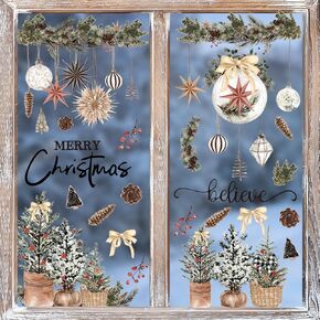 Horaldaily 45 PCS Christmas Window Cling Sticker, Brown Xmas Trees Ball Ornaments for Home Party Supplies Shop Window Glass Display Decoration