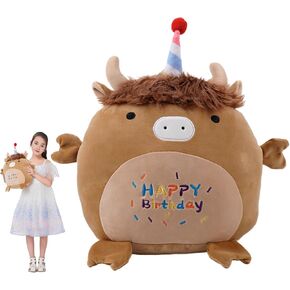 12 Inch Happy Birthday Highland Cow Plush Hugging Pillow Cute Birthday Highland Cow Animal Plushies Toys Birthday Brown Fluffy Cow Stuffed Animals Birthday Scottish Cow Plush Gift for Kids and Lovers in Kuwait