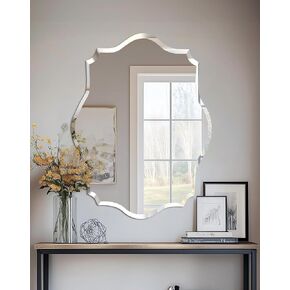 Frameless Scalloped Wall Mirror: Decorative Scallop Oval Mirrored Glass Vanity with Beveled Silver Edge for Bathroom Bedroom Livingroom Dining Room Entryway Hallway, 28 x 20 inch