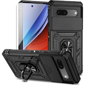 for Google Pixel 8A Case with Slide Camera Cover HD Screen Protector [Military Grade 16ft. Drop Tested] Magnetic Ring Holder Kickstand Protective Phone Case for Google Pixel 8A 2024, Black