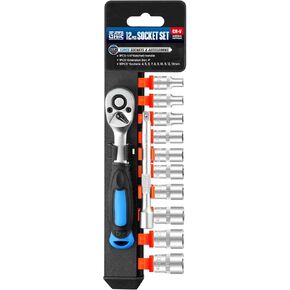 12PCS 1/4" Drive Metric Socket Wrench Set, 90-Tooth Reversible Ratchet Handle，6 Point Shallow Sockets (4-13mm) and Extension Bar 4", CR-V Steel, Tool Set For Car,Motorcycle,Bike Repair
