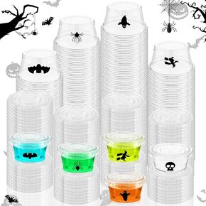 Yaomiao 150 Pcs 2 oz Jelly Plastic Portion Containers Shot Cups with Lids Halloween Jack O Lantern Design Plastic Portion Cups for Halloween Thanksgiving Bachelorette Party (Ghost Style)