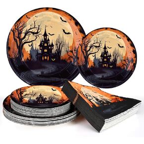 Homlouue 200PCS Halloween Plates and Napkins, Halloween Paper Plates 9 inch, Halloween Castle Disposable Plates Heavy Duty, Halloween Paper Plates and Napkins, Halloween Party Plates Party Supplies
