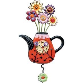 Enesco Allen Designs Flower Teapot Wall Clock - Battery Operated Pendulum Analog Clock, Stone Resin Decorative Clocks for Walls Home Decor Kitchen Clocks, 12.4 Inch