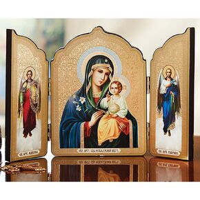Needzo Madonna and Child Christ Saint Michael Gabriel Icon Triptych 5 1/2 Inch, Virgin Mary Eternal Bloom with Archangels, Catholic Christian Orthodox Triptych