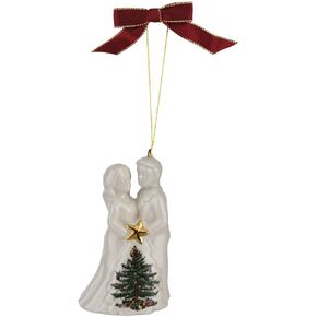 Spode Christmas Tree Bride & Groom Ornament, Festive Holiday Bauble for Christmas Tree, Earthenware Hanging Decoration with Red Ribbon for Easy Hanging, Decorative Accent & Keepsake Gift
