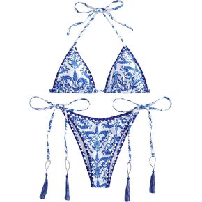 WDIRARA Women's Floral Print 2 Piece Halter Swimsuit Textured Tie Side Triangle Bikini Set Bathing Suit
