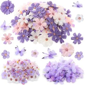 Tigeen 250 Pcs Faux Flower Heads Organza Butterfly Set Includes 200 Pcs 2" 0.8" Silk Daisy 50 Pcs 2 Layers 2" Butterfly Embellishments Artificial Flowers Heads 3D Butterflies for DIY (Purple Colors)
