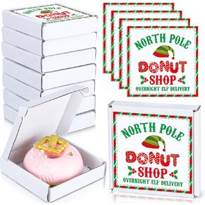 Tioncy 100 Pcs Christmas Mini Donut Boxes 3.54 x 3.54 x 0.78'' Pizza Boxes Christmas Money Box Christmas Flat Cardboard Box with Christmas Sticker for Celebrations Xmas Birthday Valentines Day Wedding