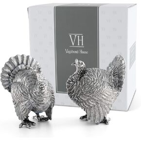 Vagabond House Pewter Thanksgiving Turkey Salt and Pepper Shaker Set Solid Metal 2.25 inch Tall