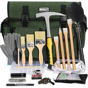 INCLY 26PCS Upgrade Geology Rock Pick Hammer Kit, 33.8 oz Hammer & 4 PCS Digging Chisels Set for Rock Hounding, Gold Mining & Prospecting Equipment Tool Shovel Musette Bag, Compass, Whistle, Brushes