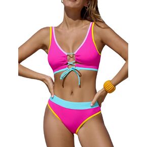 CUPSHE Women's Bikini Sets Two Piece Swimsuit Scoop Neck Crisscross Self Tie Color Block Mid Rise Reversible Top