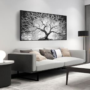 Trees Canvas Hand Painted Oil Painting - Black and White Painting Wall Art for Living Room - Large Modern Wall Art for Office Size 29" x 59"