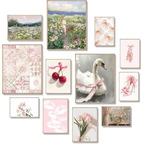 KINYEYE 12PCS Pastel Pink Conquette Eclectic Posters, Pink Posters for Coquette Wall Decor, Coquette Teen Room Decor for Girls | Unframed