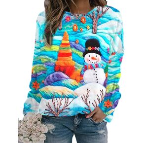 MYHALF عيد الميلاد البلوز المرأة قميص عيد الميلاد: ثلج Crewneck سترة لطيف سانتا الجرافيك القمم مضحك شجرة عيد الميلاد وتتسابق