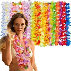 Hawaiian Leis Decorations(24pcs),Leis for Luau Party Decor,Tropical Hawaiian Bulk Hula Dance Party Decor,Colorful Flower Necklace Summer Beach Pool Birthday Theme Party Favors Supplies