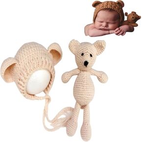 Newborn Photography Outfits Boy Newborn Photography Props Knit Hat Beanie with Bear Dolls Photography Props Costume