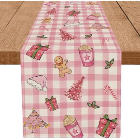 Christmas Table Runner Gingerbread Christmas Tree Candy Cane Box Pink Buffalo Plaid Runner Seasonal Winter Xmas Home Kitchen Dining Table Decorations Party Decor 13x72 Inch