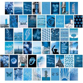 مجموعة ملصقات حائط زرقاء صور جمالية، ملصقات فنية جدارية لغرفة الفتيات المراهقات أو ديكور غرفة النوم، ملصقات صور بوهو، ديكور جداري جمالي، 50 مجموعة 4x6 بوصة (أزرق) in Kuwait
