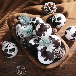 Syhood 12 Pcs Cowhide Printed Christmas Ball Ornaments Plastic Western Ornaments Cow Hanging Decoration Country Western Party Decor Rustic Holiday Xmas Decorations for Home Tree Gifts (Cow Style)