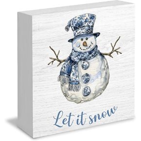 Let It Snow Sign, Chinoiserie Blue and White Snowman Christmas Wooden Box Sign, Grandmillennial Home Decor, Christmas Wood Signs for Home Office Desk Table Tabletop Shelf Decor, 5x5 Inch