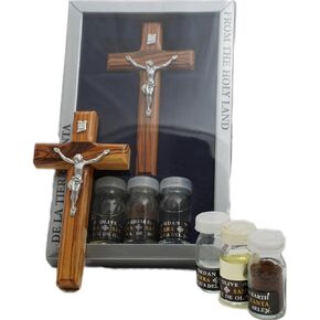 Handmade Holy Land 8"/20cm Olive Wood Crucifix Cross Christian Gift Set Symbols: Olive Oil, Holy Water, Bethlehem Soil Earth Blessing Kit