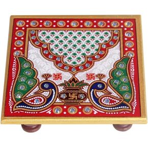 Marble Chowki with Intricate Floral Painting (Square) Shape Decorative Design Used to Keep Pooja Items