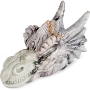 2.5" Dragon Skull Head Statue Picasso Jasper Crystal Animal Paperweight Collectible Figurines Hand Carved Reiki Healing Dragon Skull Gothic Decor for Home, Office