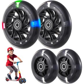 4 PCS Scooter Wheel Replacement, Front 120mm & Rear 80mm Scooter Wheels, Colorful Light-up Flashing Wheels, Silent Push Kick Scooter PU Wheels, Replaceable Wheels for 3-Wheeled Scooters