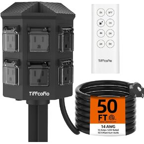 Outdoor Power Stake Timer, 50FT Extension Cord Waterproof, Remote Control Dusk to Dawn Sensor Light Timer, 6 Grounded Outlets for Outdoor Decorations, 14 AWG, 15A/1875W, ETL Listed