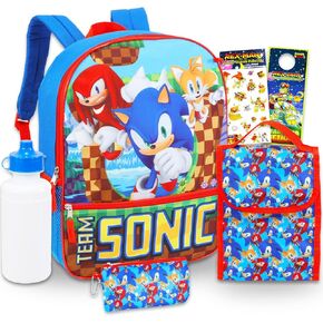Sonic the Hedgehog Backpack with Lunch Box Set - 5 Pc Bundle with 16" Sonic Backpack, Sonic Lunch Bag, Water Bottle, Stickers, More | Sonic Backpack for Boys, Kids