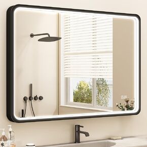 LED-Bathroom-Mirror-with-Lights, 40"x28" Wall-Mounted with Anti-Fog, 3 Colors Dimmable Light, Waterproof, Tempered Glass, Black Framed