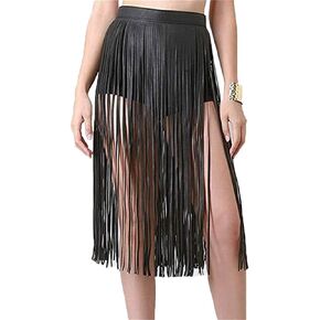 Women Black Fringe Midi Skirt Belt PU Leather Punk Overlay Long Waist Wrap Dress Western Cowgirl Dance Hip Scarf