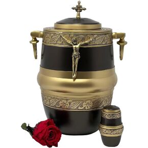 الجرار الكاثوليكية لحرق الجنازة للرماد البشري مع صليب الجمال وشخصية يسوع المسيح، حجم كبير للبالغين يصل وزنهم إلى 200 رطل، ذكر أو أنثى، مجموعة بنية مكونة من قطعتين in Kuwait