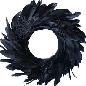 18 Inch Halloween Black Feather Wreath for Front Door, Black Spider Web Wreath for Indoor and Outdoor, Black Wreath for Festival Home Decor