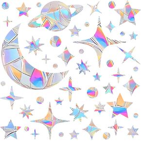 124Pcs Starry Sky Window Clings for Glass Windows Doors - Assorted Moon Star Planet Window Decals, Non Adhesive Prismatic Vinyl Clings Rainbow Stickers Decorations