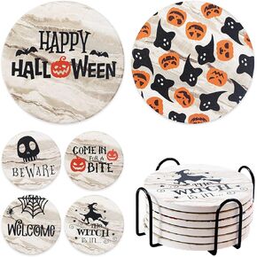 Halloween Coasters for Drinks Absorbent with Holder, Pattern Coasters with Cork Base,Round Ceramic Funny Coaster Set for Wooden Table,Bar,Housewarming Gifts,Holiday Party