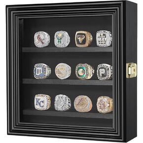 MoKo Championship Ring Display Case, 12 Ring Holder Baseball Ring Posts, Baseball Ring Display Case with Lock, Wall Mount Wooden Box for Multiple Championship Rings