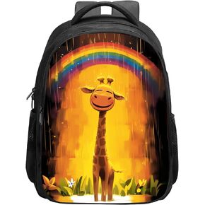Giraffe Backpack Cute Happy Giraffe with Rainy Rainbow Bookbag, Giraffe School BackPack Shoulder Bag, Elementary School Boys Girls Backpack, 16 Inch Backpack with 2 Compartments, Orange