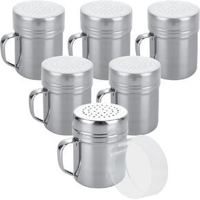 6 Pcs Stainless Steel Salt and Pepper Shakers Set 10 OZ Fine Powder Shakers Powdered Sugar Shaker Duster with Handle and Lid, Seasoning Shaker for Cinnamon Cocoa Pepper Coffee Flour