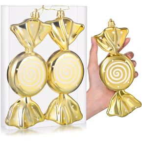 Aoriher 2 Pcs 7.6" Large Christmas Candy Ornaments Hanging Glitter Candy Cane Ornaments Large Christmas Tree Candy Peppermint Ornaments with Golden Ropes for Xmas Party Home Decorations(Red)