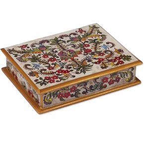 NOVICA Decorative Wood Reverse Painted Glass Jewelry Box, White, 'Floral Dream'